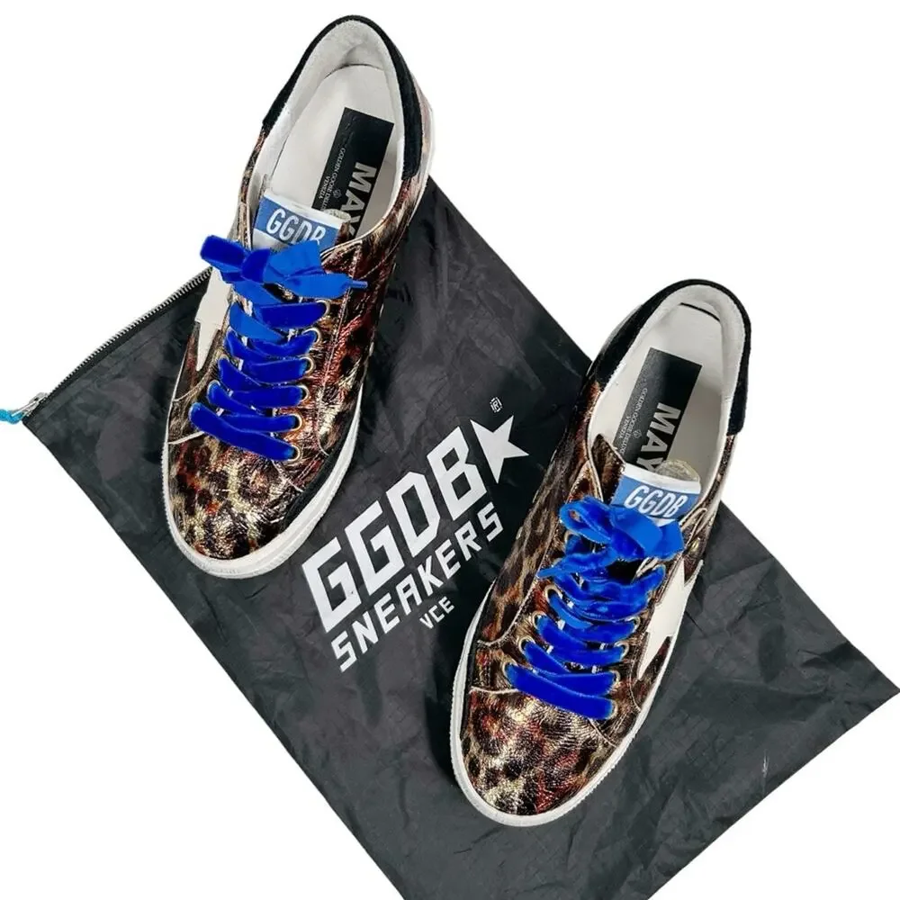 GOLDEN GOOSE May Sneaker in Leopard Laminated & Bluette Velvet Laces EU 39